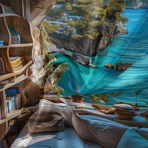 Detail of bohemian tapestry featuring a coastal landscape and bookshelf digital print