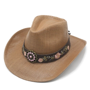 Brown straw cowboy hat with embroidered floral band and vintage metal bead decoration