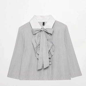 Women's grey striped long sleeve shirt with white collar and ruffle bow detail