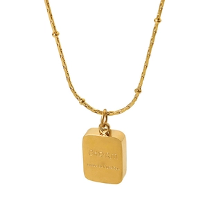 Polished 18k gold plated square pendant necklace with bead chain on white background