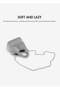 Detail of silver rhinestone bucket bag showing premium 5A crystals and leather texture