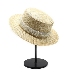 Chapeau de paille à haut plat élégant avec perles blanches pour protection solaire d'été