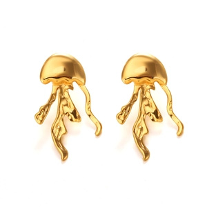 18k gold plated stainless steel jellyfish stud earrings with a glossy finish for beach style