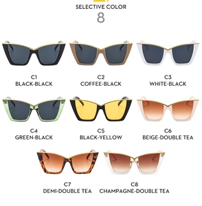 Selective color chart showing eight fashion cat-eye sunglasses with detailed SKU labels