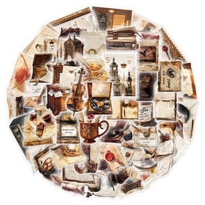 50pcs vintage watercolor PET stickers set with retro letters and violin for DIY decor