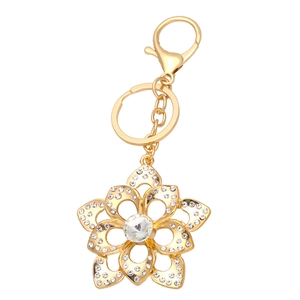 Exquisite gold floral keychain with sparkling rhinestones and lobster clasp for bags
