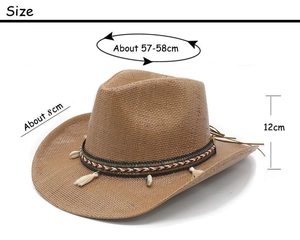 Detail of straw cowboy hat with size markers for brim, height, and circumference