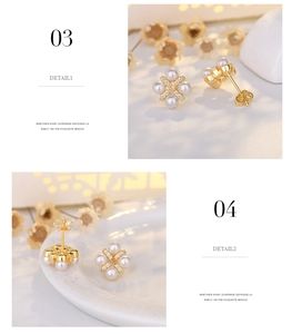 Detail view of golden flower earrings with white pearls and sparkling cubic zirconia stones