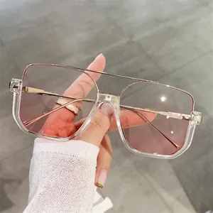 Fashionable oversized square glasses with metal double bridge and pink gradient lenses