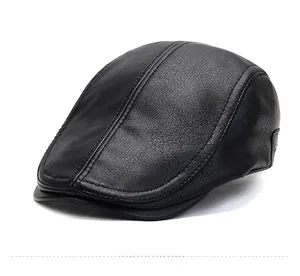 Detailed side profile of black faux leather flat cap featuring classic pebble grain texture