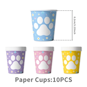 Set of 10 colorful dog paw print paper cups in blue, purple, pink, and yellow for parties