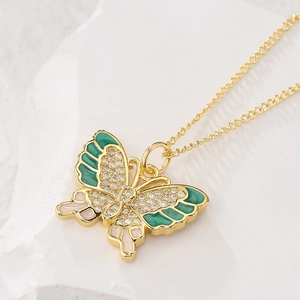 18K gold plated butterfly necklace with green enamel and sparkling crystals