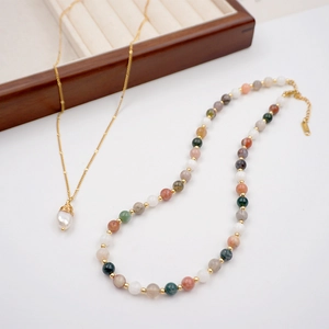 Maillard style beaded necklace set with baroque pearl and colorful natural stone beads