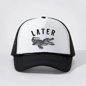 Classic black and white trucker hat with LATER text and crocodile print on white panel