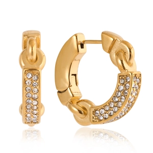 Golden stainless steel hoop earrings with double-row crystals and chain-link design