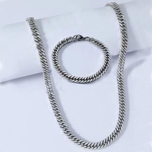 Cuban Link Necklace And Bracelet Stainless Steel Hip Hop Punk Style Jewelry Unisex Silver Tone Non Fading Accessory