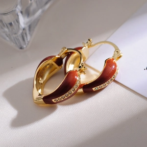 French vintage gold hoop earrings with burgundy enamel and shimmering micro zircons