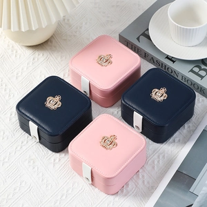 Elegant crown jewelry storage box with mirror in pink and navy blue leather styles