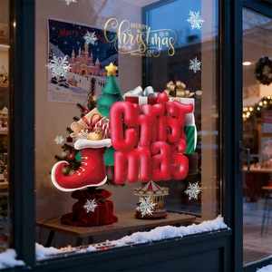 Christmas red stocking window stickers with snowflakes for festive glass door decor