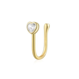 Macro detail of U-shaped gold nose cuff featuring a sparkling heart-shaped clear zircon