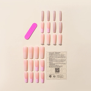 24pcs long coffin press-on nails set with nude pink, silver glitter, and rhinestone designs