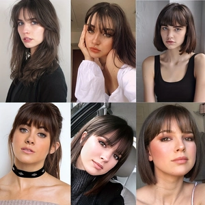 Detailed views of women's airy wispy bangs hairpiece shown on different fashion models