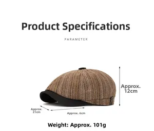 Detailed dimensions of the retro striped newsboy cap with 12cm height and 21cm width