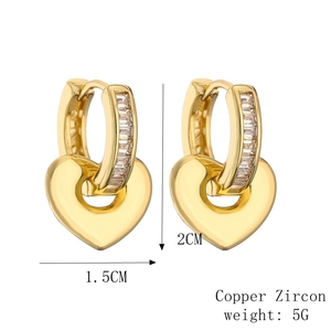 Detailed size view of gold plated heart earrings with zircon stones and dimensions