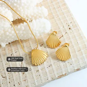 18K gold plated seashell necklace and earrings set with detailed marine texture