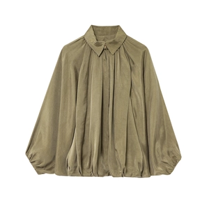 Olive green puffed bomber jacket with vertical pleats and silky satin finish