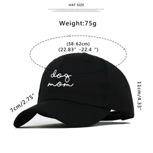 Guide des tailles pour casquette Dog Mom noire montrant le tour de tête et la visière