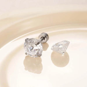 Sparkling silver titanium steel screw back earrings with large clear round cut zircon