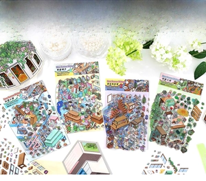 2.5D hand-drawn indoor scene stickers set for DIY journal and stationery decoration