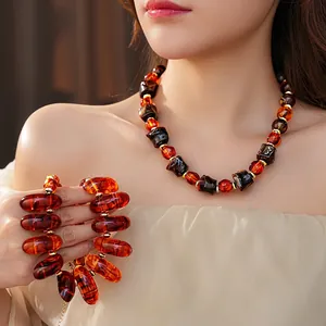 Vintage Geometric Acrylic Beaded Necklace Retro Maillard Style Amber Brown Jewelry With Gold Spacers For Women