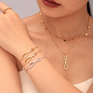 Stainless Steel Infinity Necklace Bracelet Combination For Women Fashion Jewelry Rhinestone Inlaid Geometric Neck Accessory