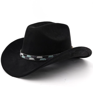 Detail of black suede cowboy hat featuring an ethnic turquoise beaded decorative band