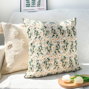 Embroidered Daisy Floral Throw Pillow Cover Cotton Linen Tufted Cushion Case With Tassels Boho Farmhouse Home Decor