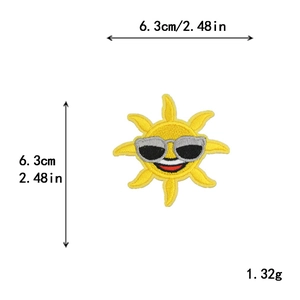 Cartoon sun embroidery patch with grey sunglasses for DIY clothing decoration, 6.3cm size