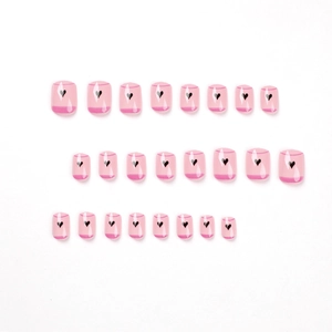 Faux ongles courts french roses avec motifs cœurs noirs et lot de 24 pièces