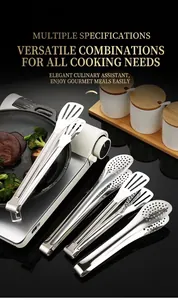 Close-up of polished stainless steel food tongs for steak and BBQ on a kitchen counter