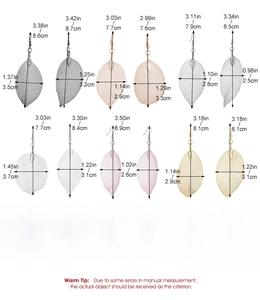 Detailed size chart for vintage hollow leaf drop earrings in various colors and dimensions