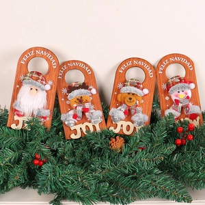 Wooden Christmas door hangers with Santa, Reindeer, Bear, and Snowman plush decor