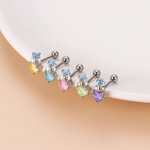 Colorful cat eye heart stud earrings with cubic zirconia in silver stainless steel