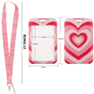 Detailed dimension layout of red heart pattern lanyard and double-sided ID card holder