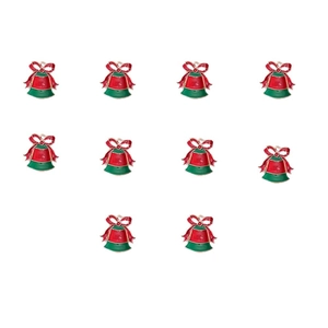 Macro view of Christmas bell charms with red bows and green enamel for DIY jewelry