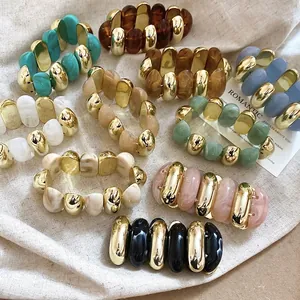 Chic acrylic resin and gold bead stretch bracelets with marble pattern for women