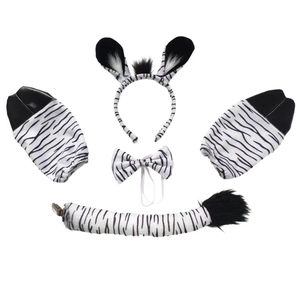 Kids zebra animal costume set with ears headband, bowtie, tail, and matching wrist cuffs