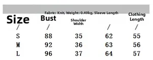 Detailed size chart for knitted color block polo shirt including bust and sleeve measurements
