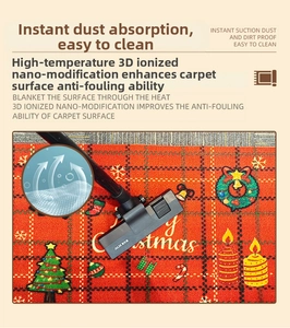 Gros plan du nettoyage d'un tapis de Noël écossais avec un aspirateur