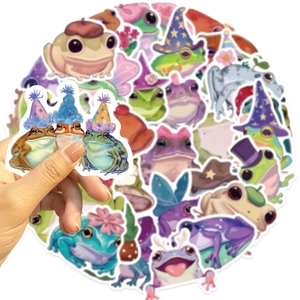 Detailed view of assorted cartoon frog stickers in circular layout for size reference